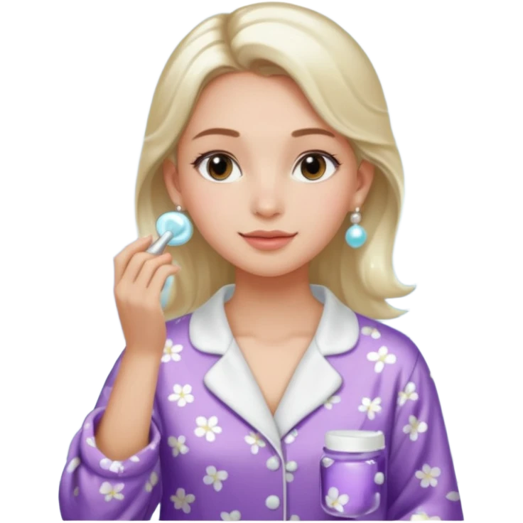 Clean girl aesthetic emoticons, apply skincare products, pearl earrings, glowing skin, pajamas, soft lighting emoji