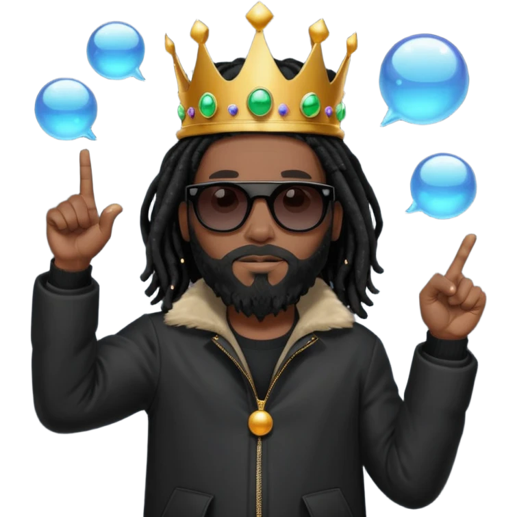African American man with shoulder length black dreadlocks with black beard wearing black sunglasses wearing Crown on his head wearing a black bubble mens winter coat pointing at himself emoji