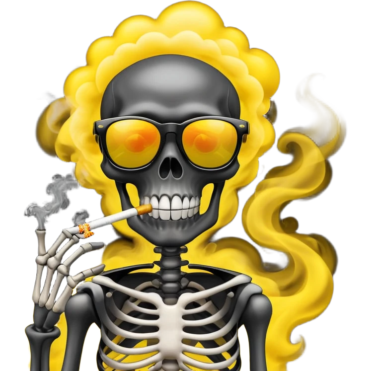 create an image of the specified emoji:
"Create an emoji-style illustration of a black skeleton wearing yellow sunglasses and smoking. The skeleton should have a playful and relaxed expression, with smoke swirling around it. The background should be bright and colorful emoji