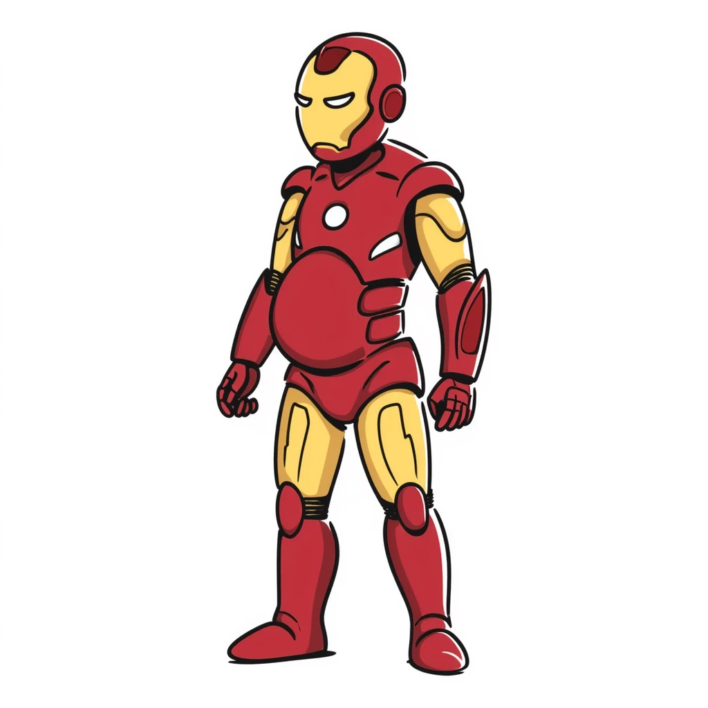 Iron Man superhero with a pregnant belly, iconic red and gold armor suit, arc reactor glowing in chest emoji