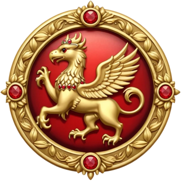 Golden griffin crest / brosch in a circle with red gems and no background emoji