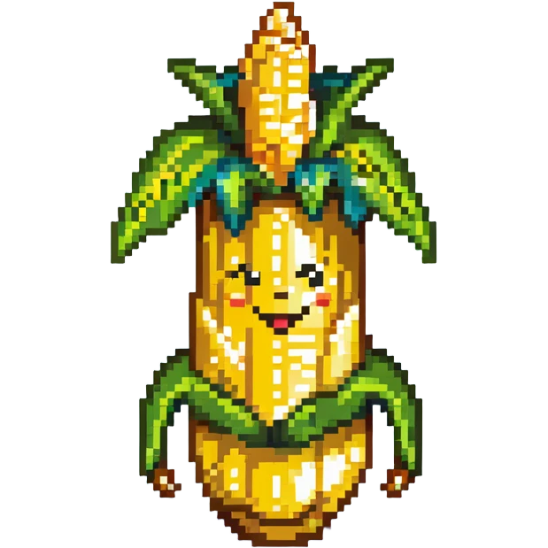 Corny Cob from Shopkins, a cute anthropomorphic ear of corn character with a yellow body, green husk at the top, and a smiling face emoji