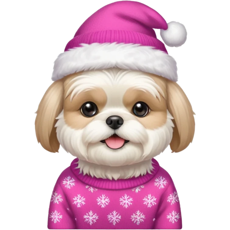 white shih tzu with pink christmas sweater and hat emoji