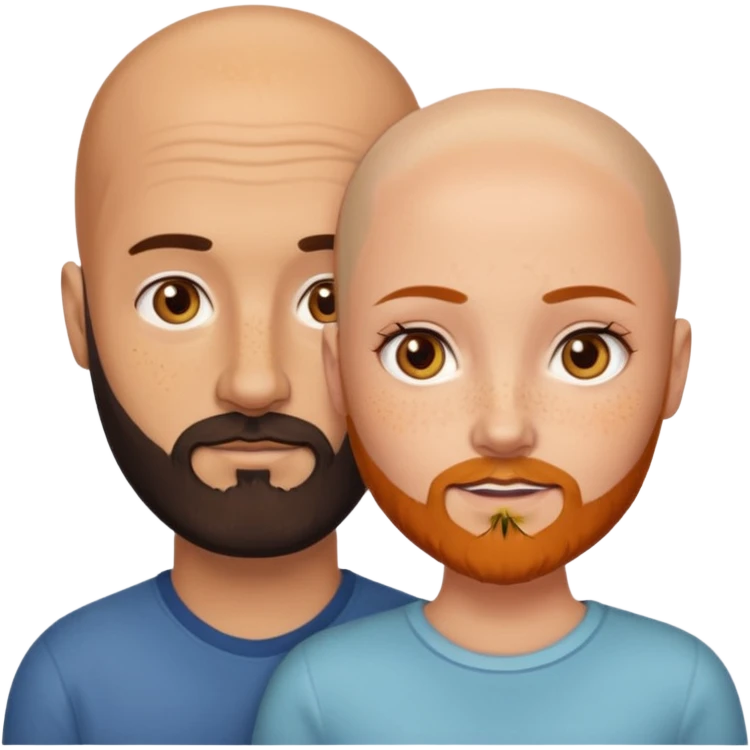 Couple. Bald man with dark brown-black beard. White woman with many small, faded freckles, white skin and she has auburn-yellow-brown-caramel, dark hair. She has light orange-brown eyes. The man have hazel eyes. Retro style. emoji