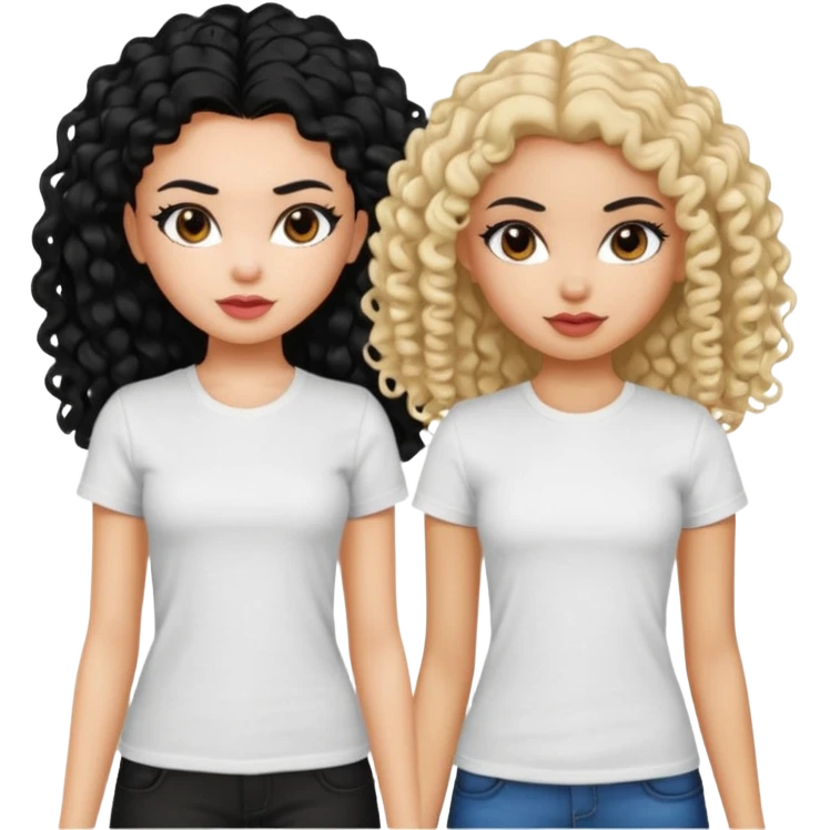 2 pretty bratz fair girls. One has straight black hair and is tan, wearing a white tshirt. One is fair with curly black hair, wearing a black tshirt  emoji