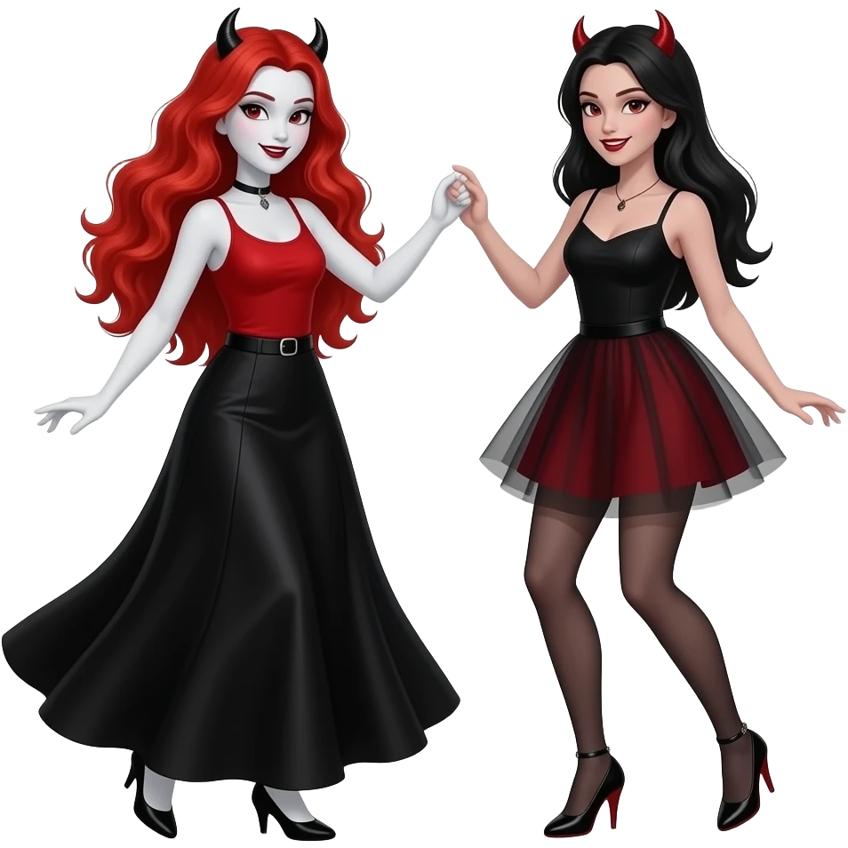 Vampiro femmina adolescente con capelli lunghi rosso fuoco ondulati con pelle bianca con gonna lunga nera e top canottiera rossa che balla con la sua amica VAMPIRA femmina emoji