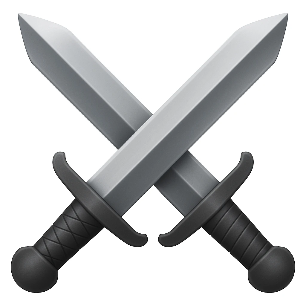 Create dual swords similar to the reference image but with black and grayish colors. The swords should be pointing upward and be wider. Add a slight metallic shine to the swords. The style should emulate emoji style with concise details. emoji