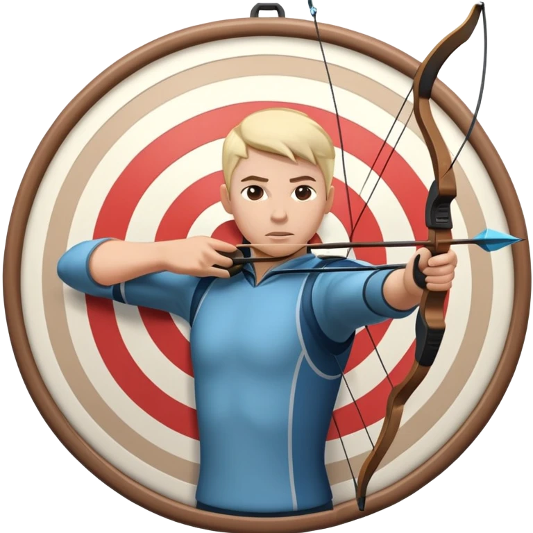 An archer pulling back a bowstring, aiming at a target in the distance. The target features concentric rings, and the scene conveys focus and precision. The background captures the essence of an outdoor archery range, highlighting skill and concentration in the sport. emoji