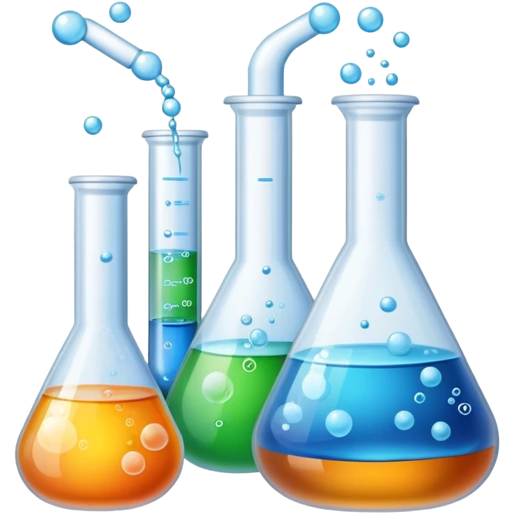 An icon featuring laboratory flasks with tubes, symbolizing chemistry. The design includes liquid and powder substances, a chemical reaction with bubbles, and molecular formulas, representing chemical processes like hydrolysis. Transparent background emoji