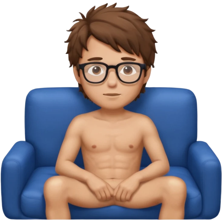 Nude white man with glasses brown messy hair sat on blue sofa. emoji