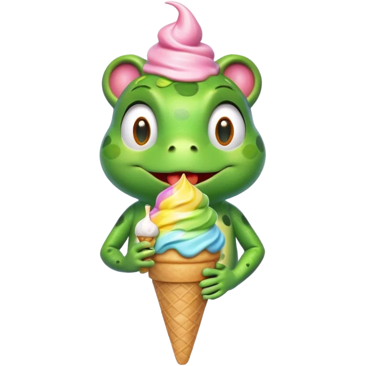 cute frog eating ice cream, happy face, holding a colorful ice cream cone, 3D cartoon, mobile game icon style, bright colors, soft shadows, clean background, no text, no watermark
 emoji
