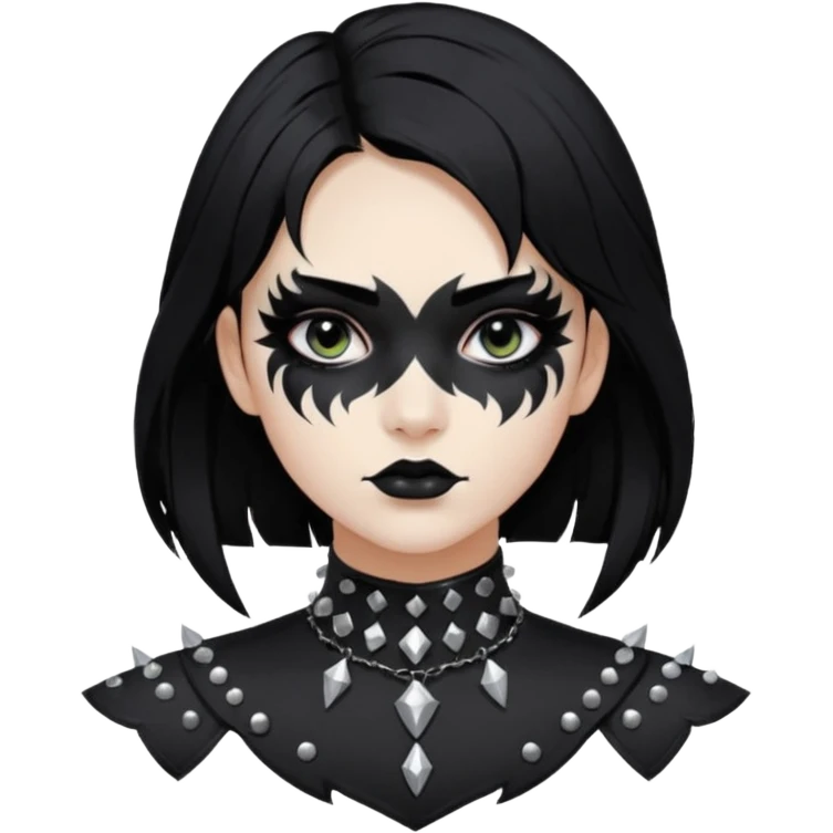 Crea una ragazza con stile black metal,  paint face black metal, capelli neri, mossi dalle spalle e occhi bianchi e un collare con borchie a punta emoji