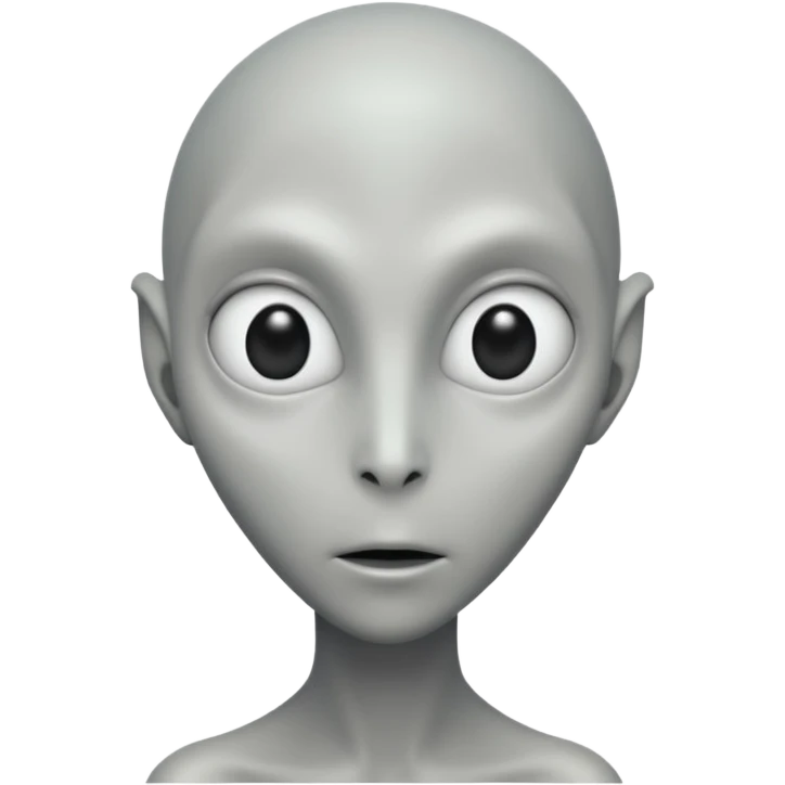 Portrait of a grey alien with large black eyes, thin face, elongated head, smooth grey skin, minimalist design emoji