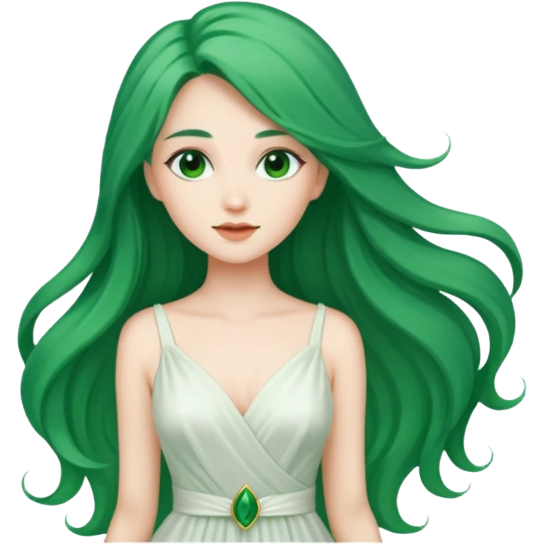 Woman with Long Emerald Hair – flowing green hair, elegant look, white dress emoji