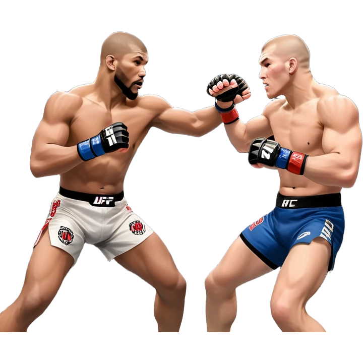 wo MMA fighters in the octagon, one delivering a strong punch while the other defends with a guard. The background shows the UFC octagon with the crowd in the distance. Transparent background emphasizes the dynamic intensity and skill of mixed martial arts. emoji