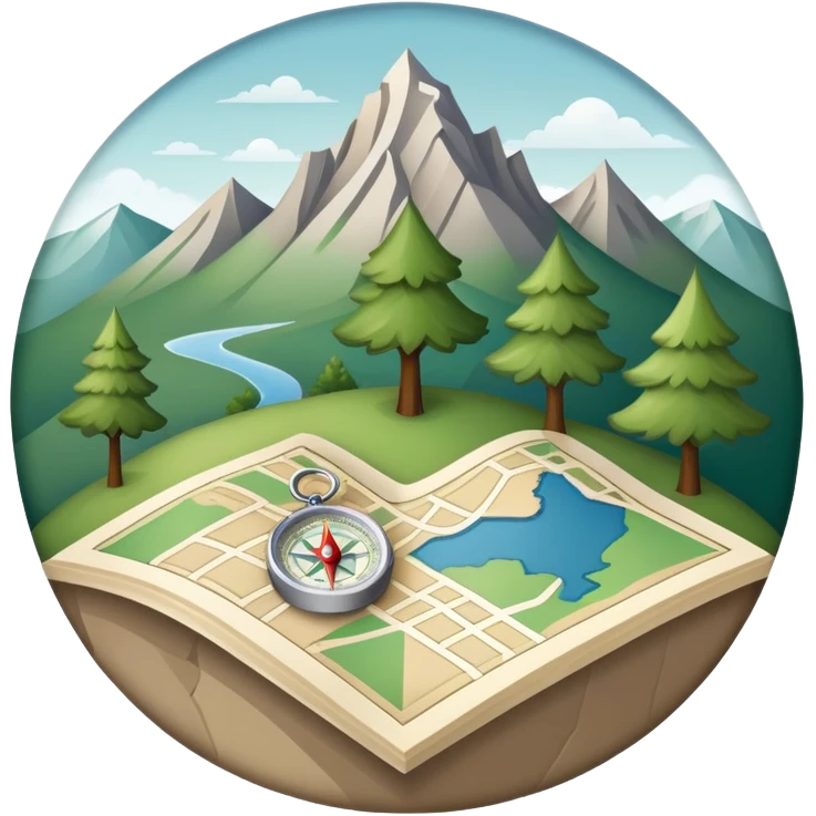 An icon featuring a local map, a compass, and regional landmarks, symbolizing local studies. The design includes a tree, mountains, and buildings, representing the unique geography and culture of a specific area. Transparent background highlights the exploration of local history and environment. emoji