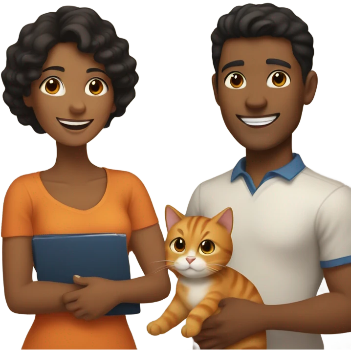 a happy light-brown woman with black hair and a happy brown man with brown hair are friends and holding an orange cat emoji