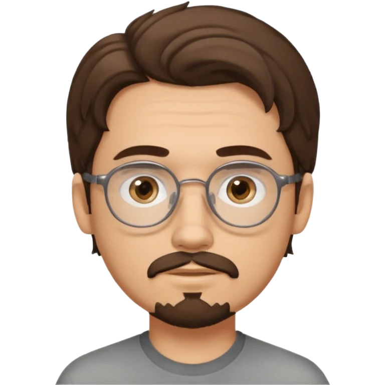male Slim, slightly oval face, light skin.
Medium-length brown wavy hair, slightly messy.
Brown eyes, round eyeglasses.
Soft, calm expression.
add goathe and add hair to his forhead emoji