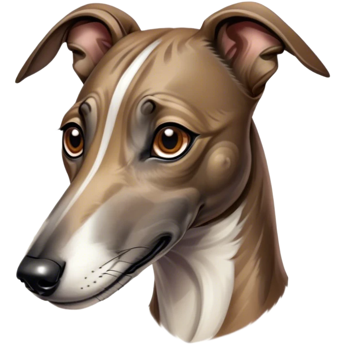 Cinematic Noble Brindle Greyhound Portrait Emoji, Poised and regal, with a slender, aerodynamic build and a refined brindle Fur, deep-set soulful eyes, Simplified yet sharp and sophisticated features, highly detailed, glowing with a soft, dignified glow, high shine, intelligent and agile, stylized with an air of elegance, focused and attentive, soft glowing outline, capturing the essence of a watchful and graceful racer, so majestic it feels as though it could dash out of the screen with effortless authority! emoji