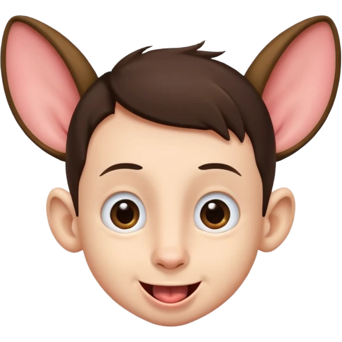 a brunette boy with small eyes with big human ears and with his tongue out emoji