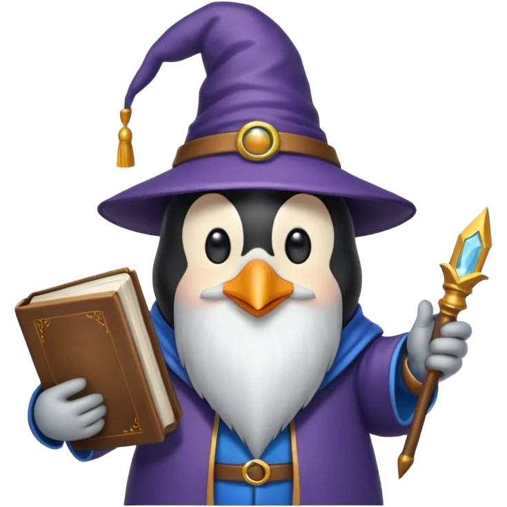 penguin wizard with a long beard holding a book emoji