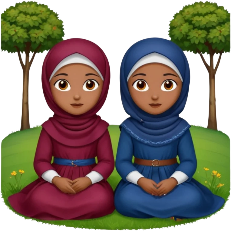 Turkish beautiful finish Konya two girls (friends) brown eyes and with dark blue and burgundy hijab islamic dress and sitting on grass  emoji