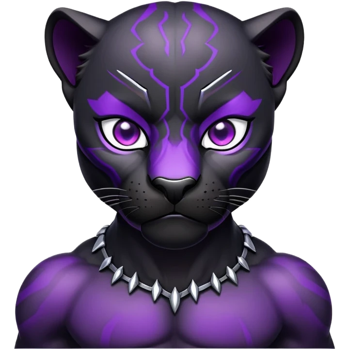 sleek black panther with bright purple eyes, sad face emoji