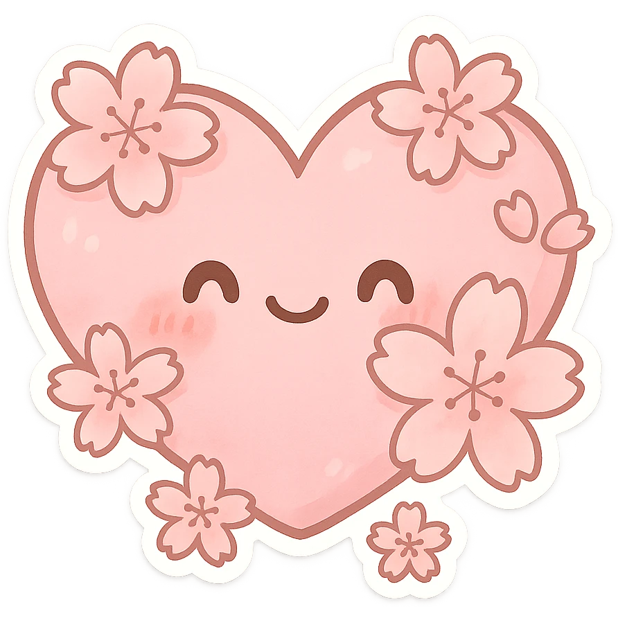 Pink heart-shaped cherry blossom pattern, Q version sticker style emoji