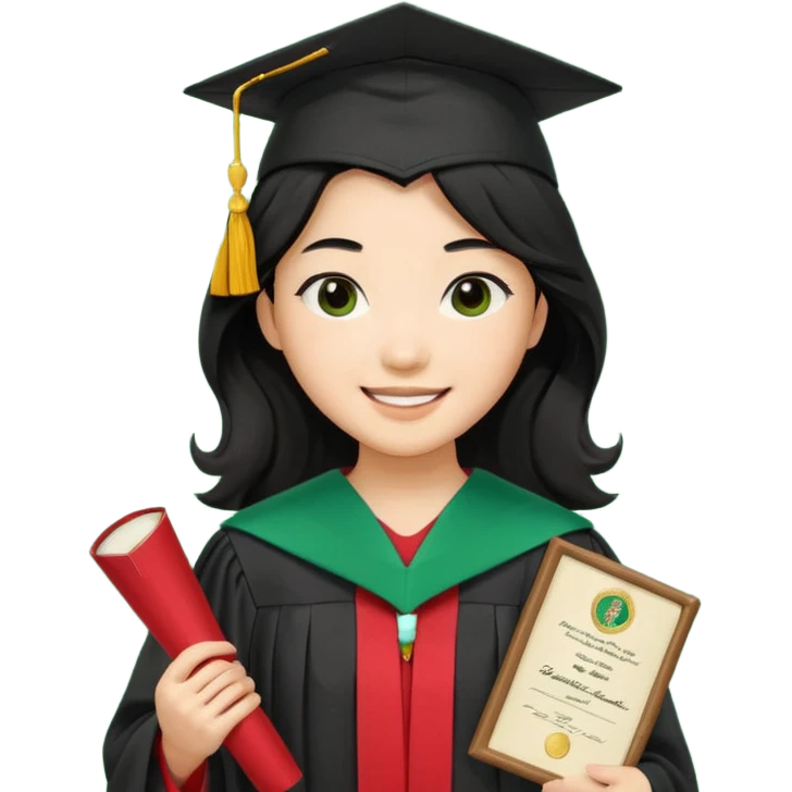 College Graduate asian black hair with wavy hair long  with black red stash with green benilde on the middle emoji