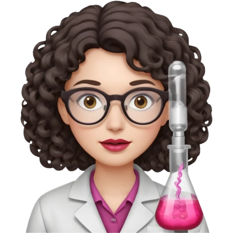 A crazy female scientist, with curly-wavy dark brown medium lenght hair, brown eyes and light grey glasses and pale skin and pinkish lips, dressed to look like an english teacher but in neutral tones like grey black white, maybe with the pop of dark red, with no girly colors,  emoji