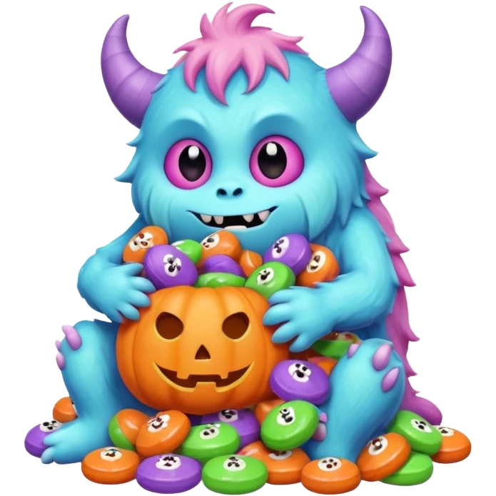 Candy Monster – a tiny pastel-colored monster hugging a pile of Halloween candy.  emoji