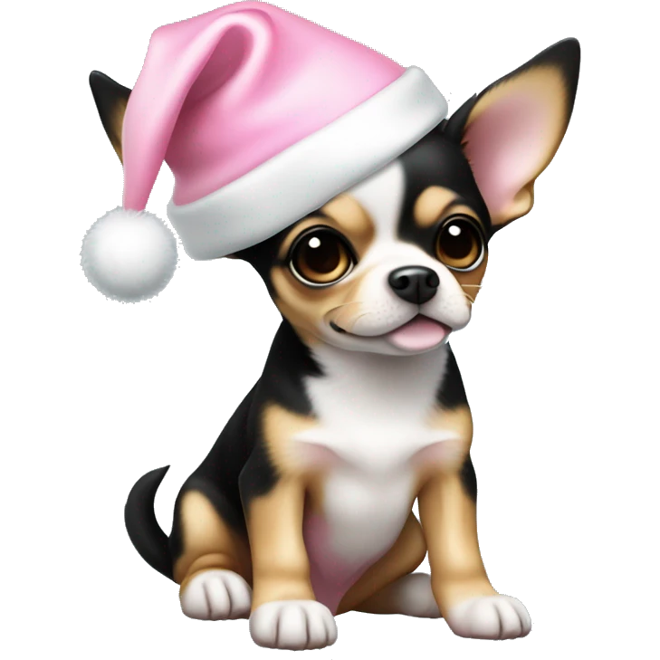 black & tan chihuahua puppy full body light blue eyes pink christmas hat on emoji