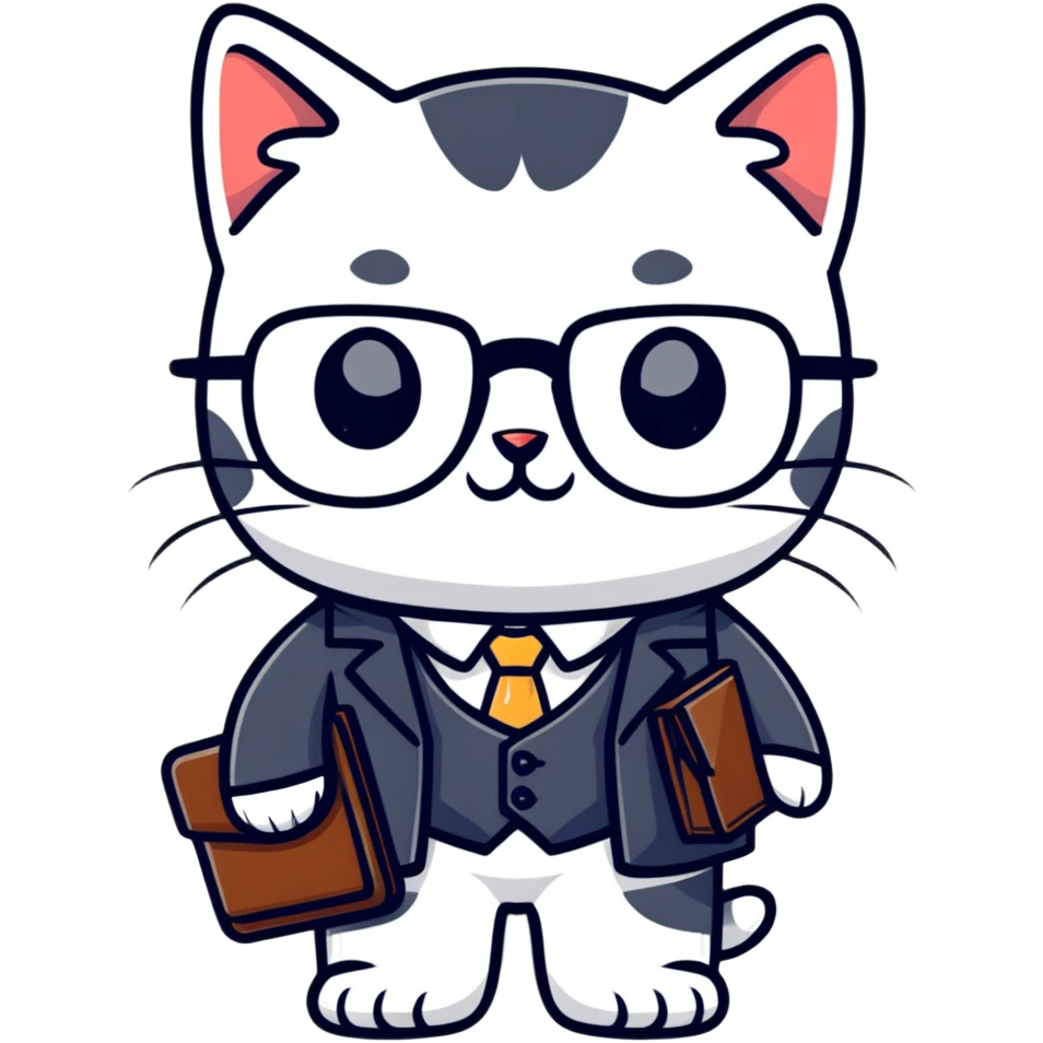 kitten in a suit holding a briefcase and wearing glasses emoji