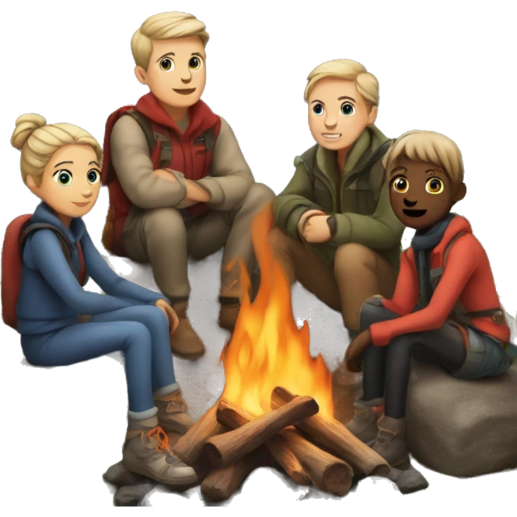 eleven friends are sitting around a fire in the mountains emoji