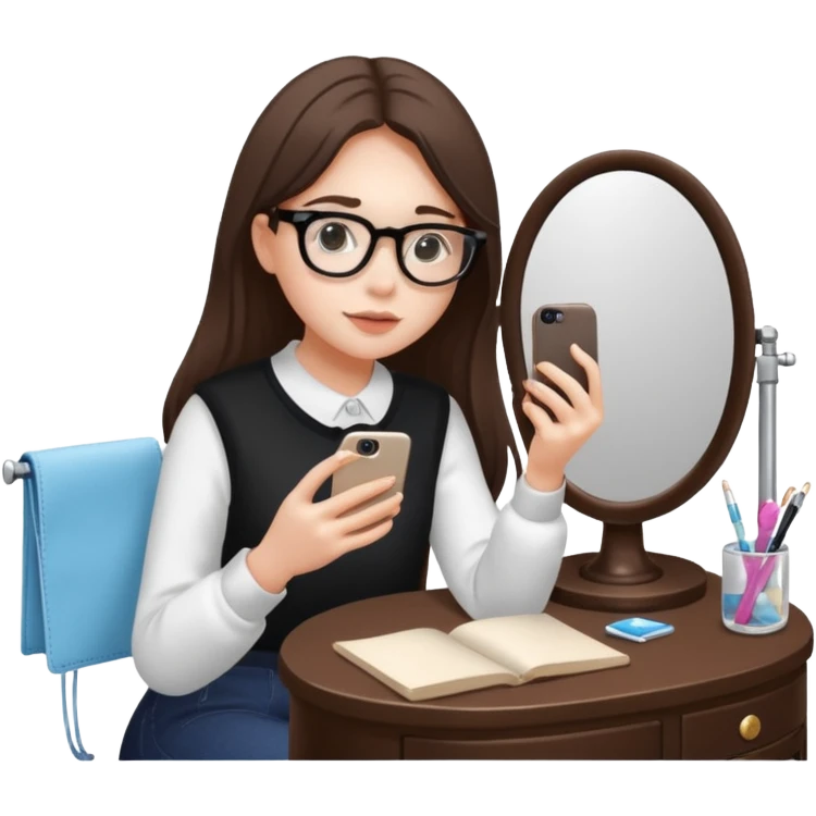 Girl sitting at vanity taking out picture with iphone 15 plus and study materials on the vanity emoji