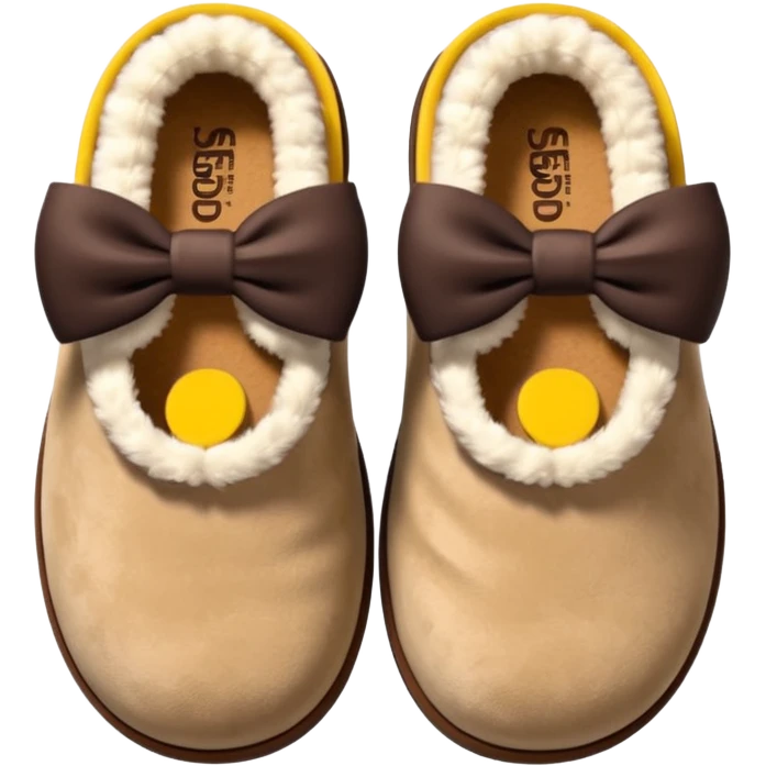 Beige fluffy ugg slippers with a dark brown bow emoji