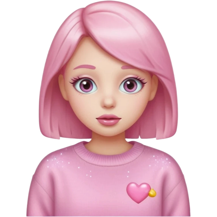 “Emoji girl, pastel pink blush, sparkly wide eyes, glossy bubblegum lips wearing oversized pastel sweater.” emoji