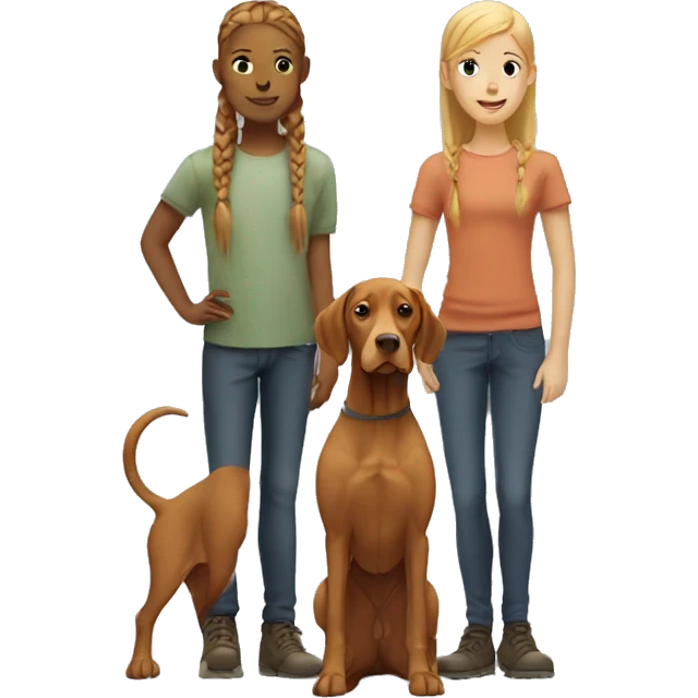Two vizslas standing side by side with blond girl with braids emoji