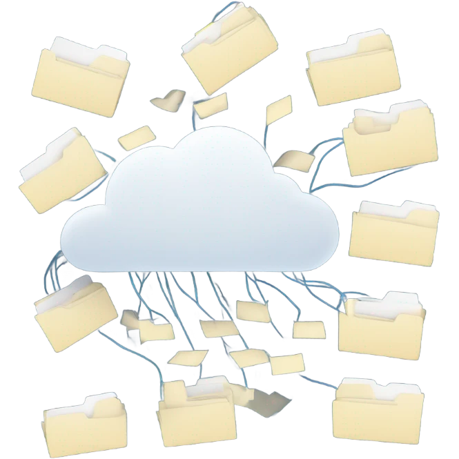 A cloud with folders and files flying in and out of it. emoji