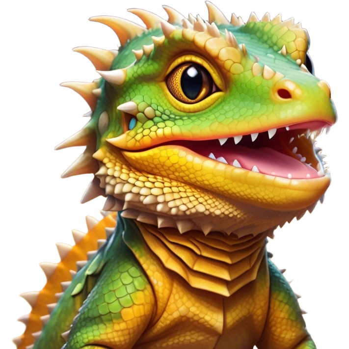 Cinematic Cute Bearded Dragon Portrait Emoji, Head tilted playfully and inquisitively, featuring a glossy, scaled hide in warm olive hues with an adorably scrunched spiky beard and round, sparkling eyes full of curious mischief, Simplified yet irresistibly adorable features, highly detailed, glowing with a warm, friendly glow, high shine, affectionate and lively, stylized with a touch of rugged whimsy, bright and endearing, soft glowing outline, capturing the essence of a mischievous yet loving dragon, so playful it feels like it could scamper out of the screen into your arms! emoji