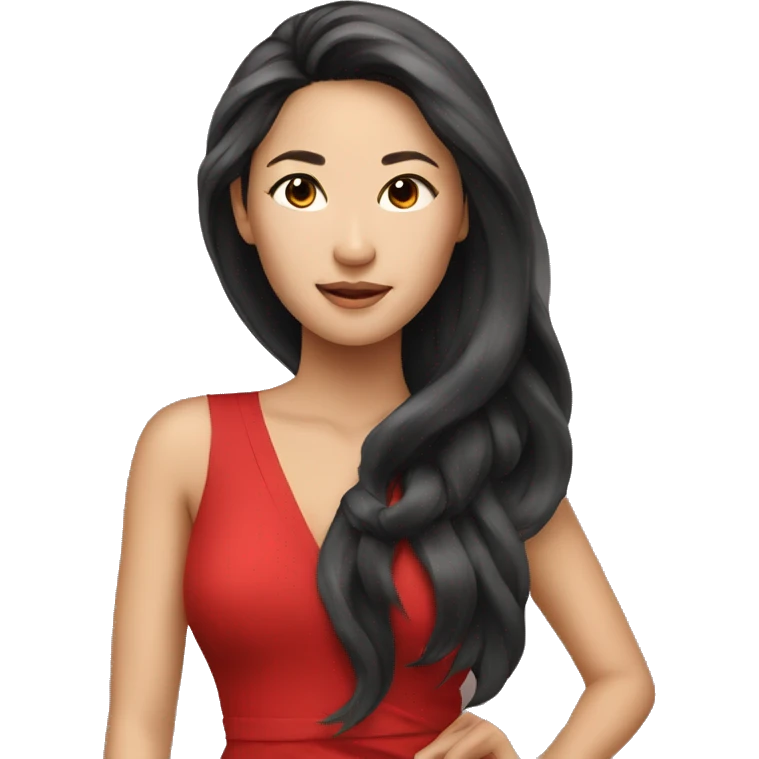 Beautiful Asian woman, long hair, red dress emoji