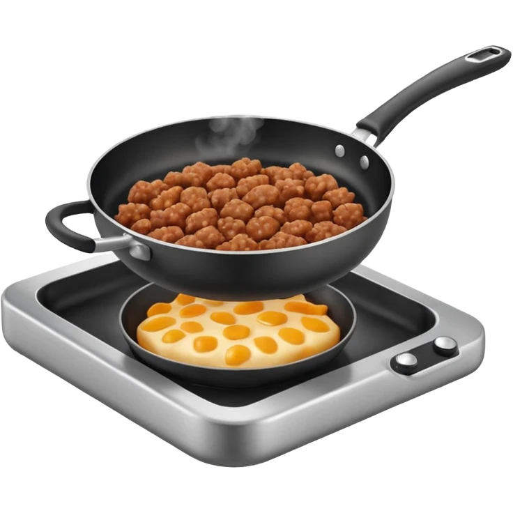 A 3D cartoon frying pan with minced meat being cooked, slight steam, realistic texture, Memoji-style. emoji