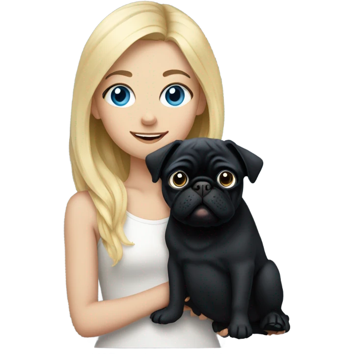 Girl with blonde hair and blue eyes holding a black pug emoji