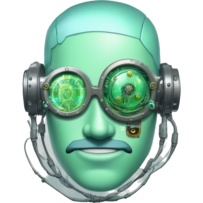 Pastel green haired male cyborg head with monocle and circuitry emoji