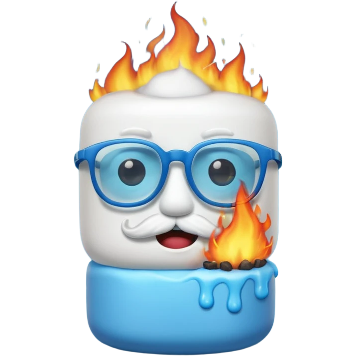 blue marshmallow on fire, surprised with mustache and glassess, just marshmallow emoji