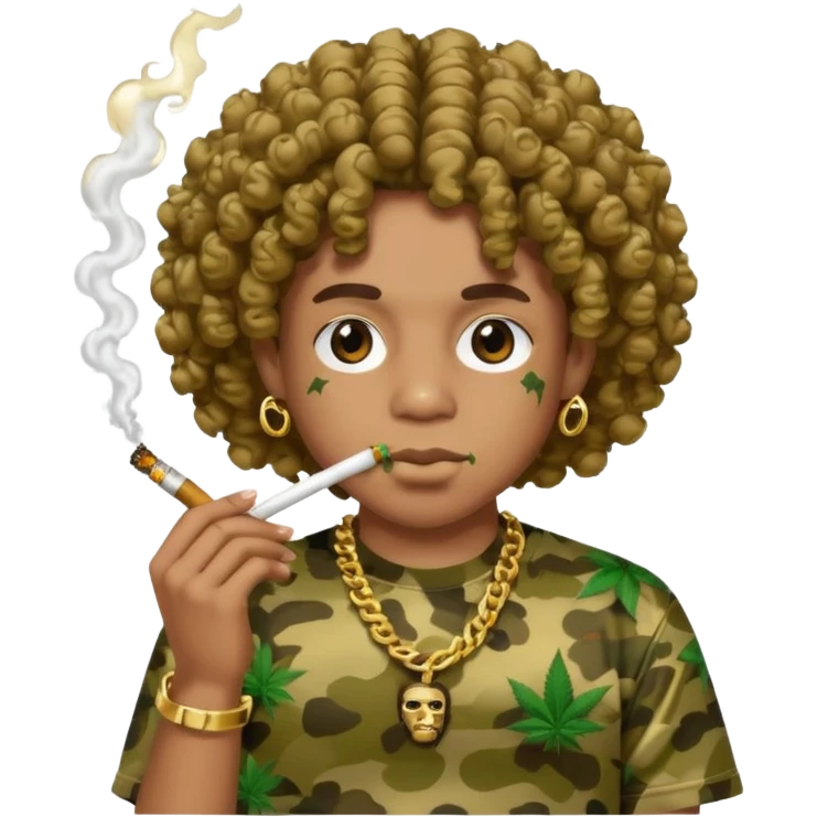 curly hair wearing bathing ape shirt smoking weed with grills emoji