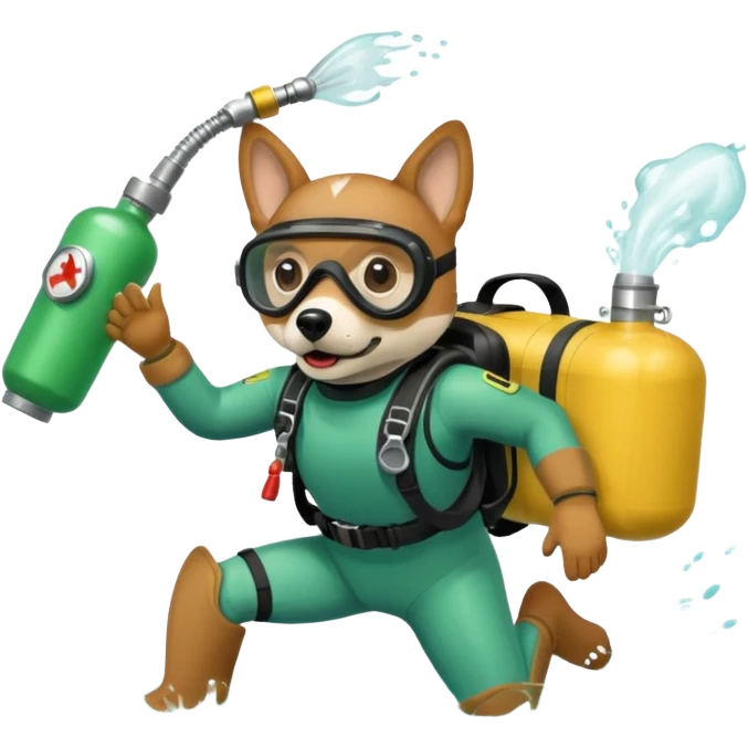 dog wearing scuba green gear dive into the sea with diver mask and oxygen tank emoji