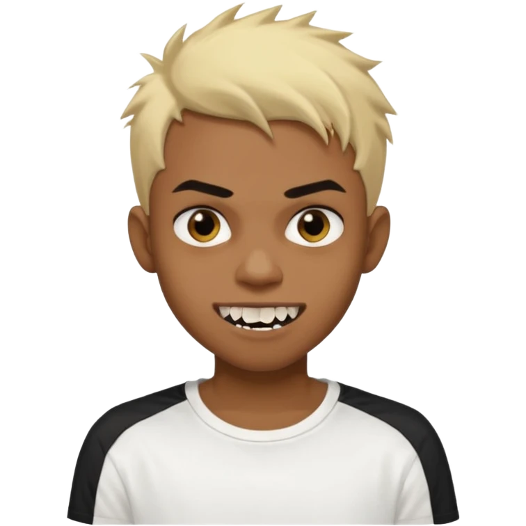 Black Male Teenager with Short punk messy blonde hair, Dark brown bushy eyebrows large expressive golden-brown eyes, wearing a plain white t-shirt, Dark Brown skin color. vampire tooth emoji