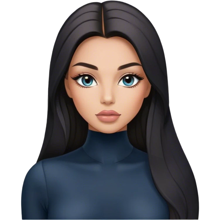 Glamours, tanned, very beautiful girl, with big pump peach-beige-rose lips, long long lashes, black straight smooth silky long hair, straight parting hair, blue-grey eyes in black long-sleeves bodysuit emoji