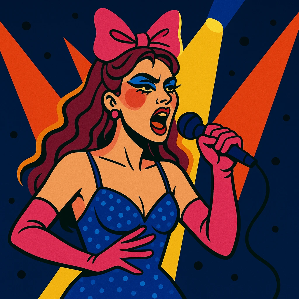 Chappell Roan with dramatic stage lighting in vibrant toon style emoji